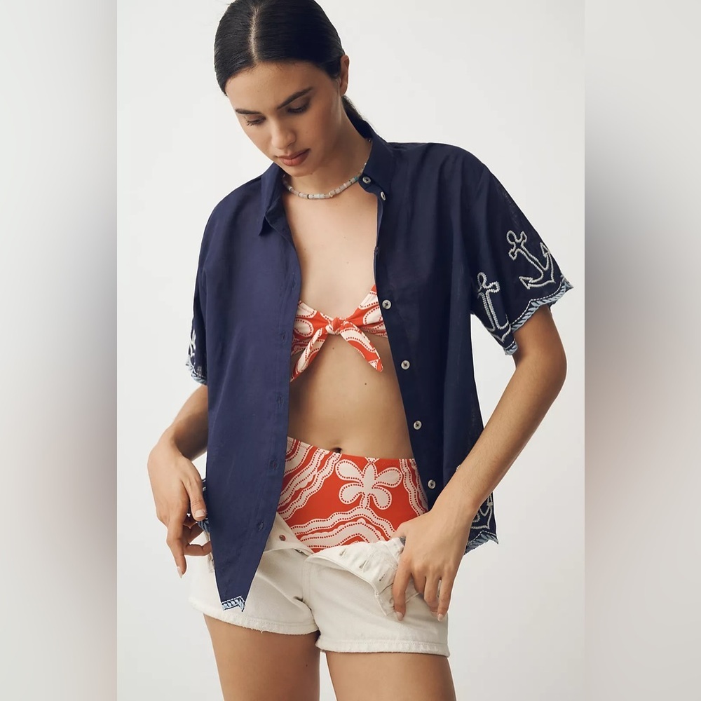 Anthropologie Maeve Henrietta Buttondown Surf Shirt Embroidered Anchor - Picture 3 of 11